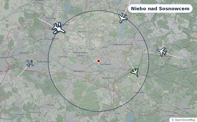 Mapa okolic miasta z sylwetkami samolotów — Niebo nad Sosnowcem na żywo