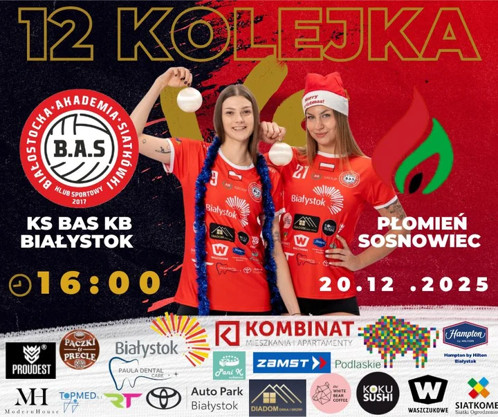 Grafika promocyjna wydarzenia 12. kolejka 1. ligi kobiet: KS BAS Kombinat Budowlany Białystok – Credo Płomień Sosnowiec