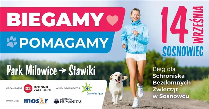 Obrazek przedstawia grafikę promocyjną wydarzenia Charytatywny bieg na rzecz schroniska w Sosnowcu