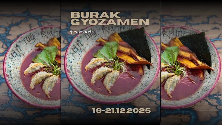 Grafika promocyjna wydarzenia BURAK GYOZAMEN winter edition — barszcz z pierogami w nowej, zimowej odsłonie