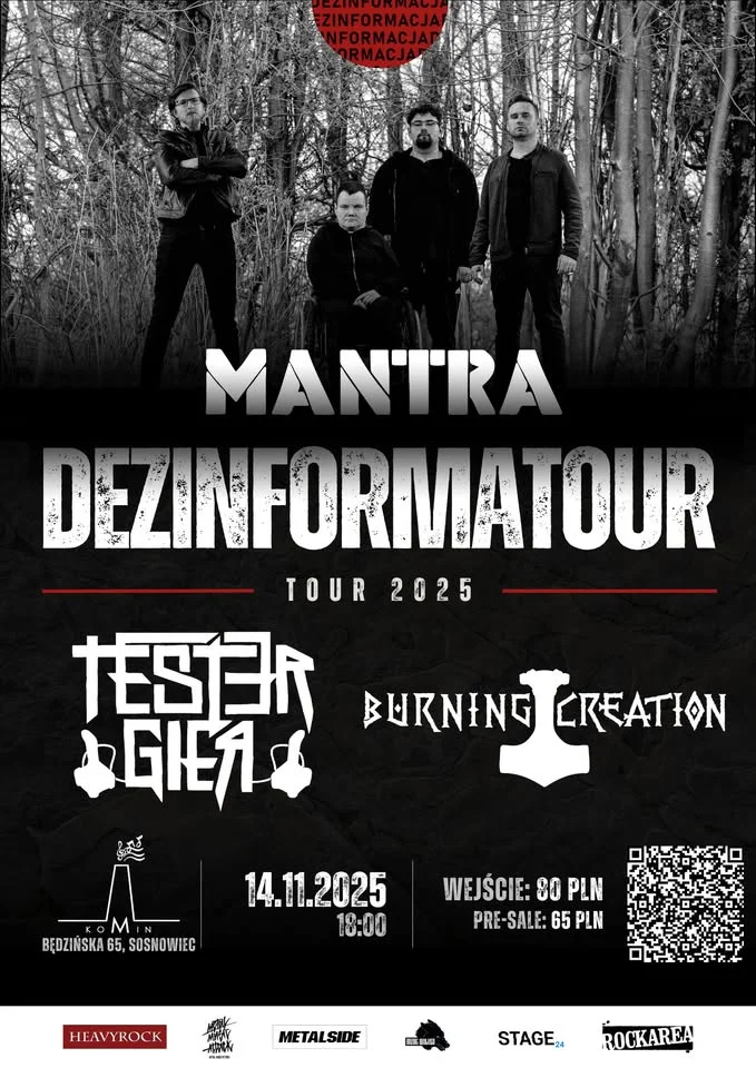 Obrazek przedstawia grafikę promocyjną wydarzenia Koncert metalowy: Tester Gier, Mantra i Burning Creation w Sosnowcu