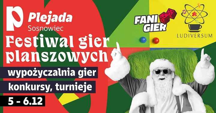 Grafika promocyjna wydarzenia Festiwal Gier Planszowych w Centrum Handlowym Plejada Sosnowiec — Planszówkowe Mikołajki 5–6 grudnia