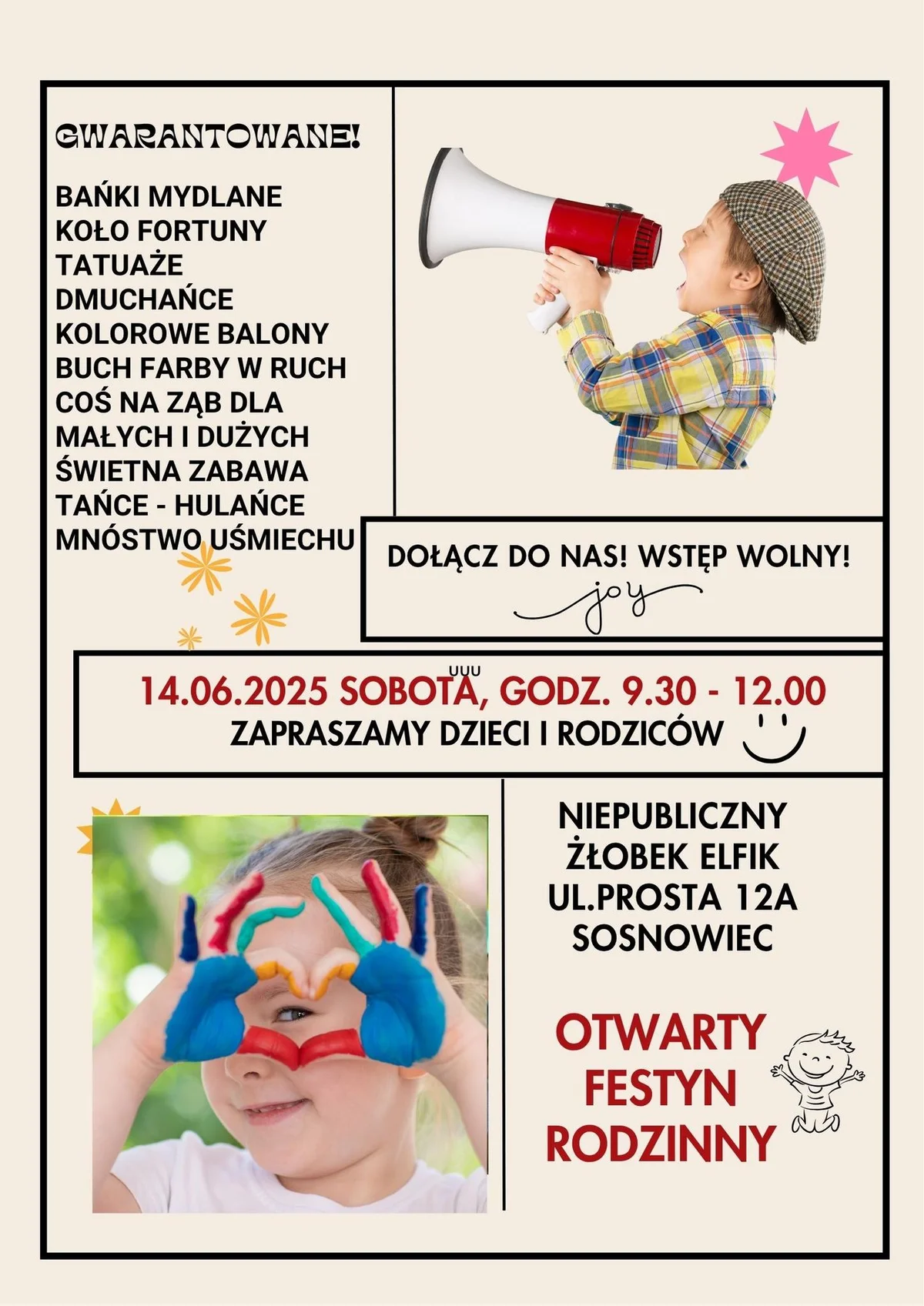 Grafika promocyjna wydarzenia Festyn rodzinny i dzień otwarty w żłobku Elfik w Sosnowcu
