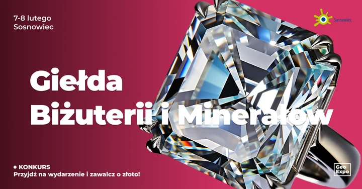 Grafika promocyjna wydarzenia Giełda Biżuterii, Minerałów i Skamieniałości (GeoExpo) — Sosnowiec, 7–8 lutego 2026