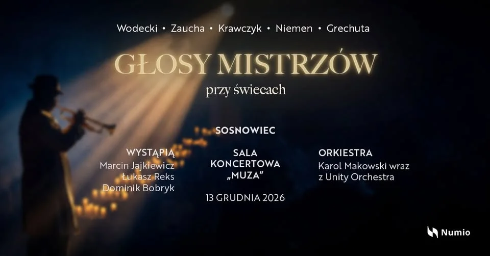 Grafika promocyjna wydarzenia Głosy Mistrzów przy świecach – koncert w Sosnowcu