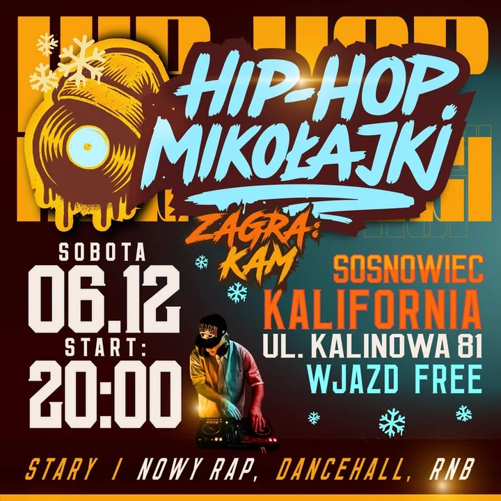 Grafika promocyjna wydarzenia HIP HOP MIKOŁAJKI w Kalinowa, Sosnowiec — rapowa noc 6 grudnia
