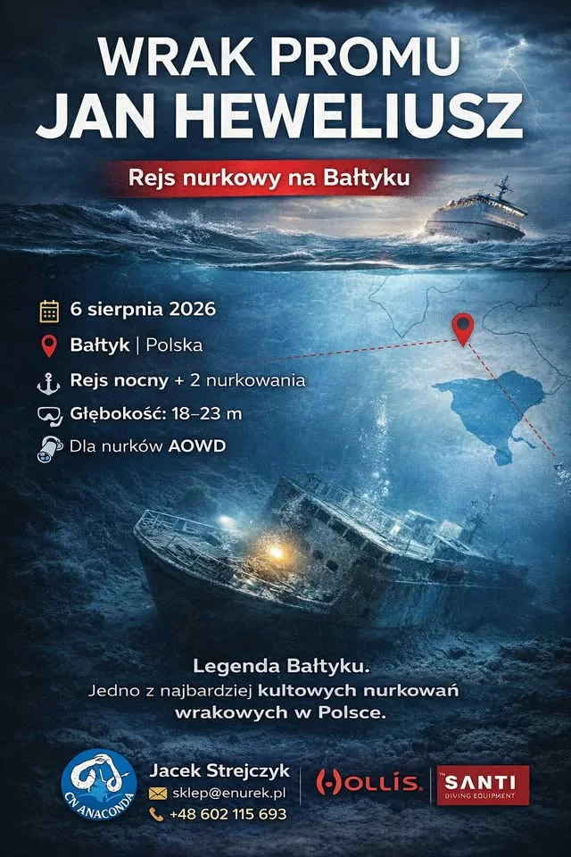 Grafika promocyjna wydarzenia Jan HEWELIUSZ — nocny rejs nurkowy na wrak
