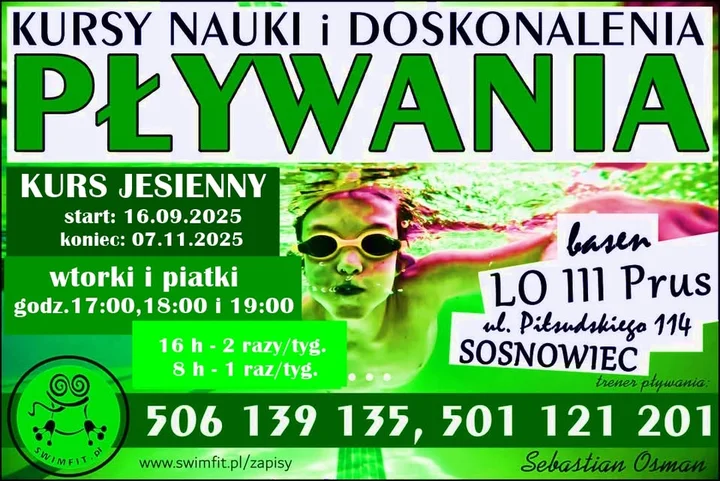 Obrazek przedstawia grafikę promocyjną wydarzenia Jesienny kurs nauki i doskonalenia pływania w Sosnowcu