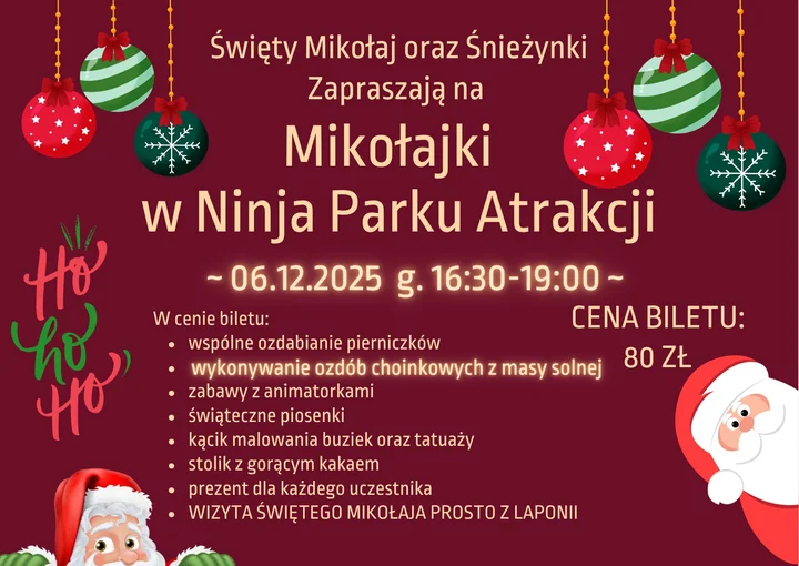 Grafika promocyjna wydarzenia Mikołajki 2025 w Ninja Parku Sosnowiec