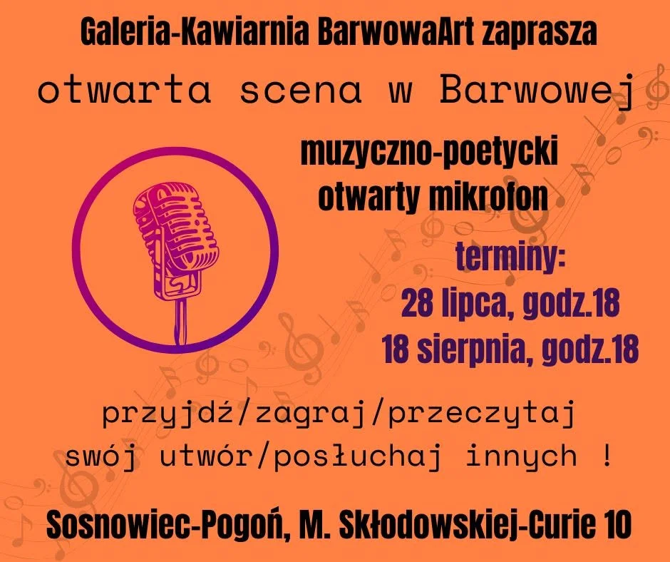 Grafika promocyjna wydarzenia Otwarta scena w Barwowej – muzyka i poezja