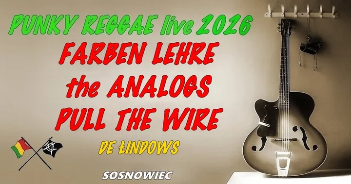 Grafika promocyjna wydarzenia PUNKY REGGAE live 2026 – Farben Lehre, The Analogs, Pull The Wire i De Łindows w Komin Music Cafe