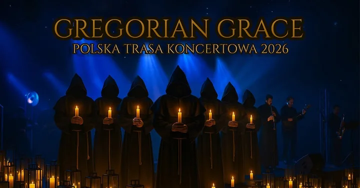 Grafika promocyjna wydarzenia Gregorian Grace w Sosnowcu — chorał gregoriański spotyka rock i pop