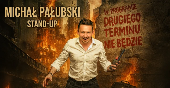Obrazek przedstawia grafikę promocyjną wydarzenia Michał Pałubski ze stand-upem Drugiego terminu nie będzie w Sosnowcu