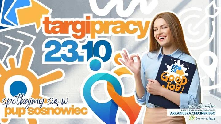 Obrazek przedstawia grafikę promocyjną wydarzenia Targi pracy w Powiatowym Urzędzie Pracy w Sosnowcu — spotkania z pracodawcami i doradcami