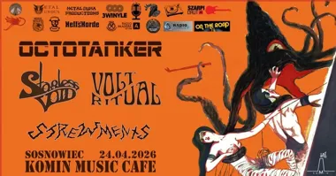 Grafika promocyjna wydarzenia OCTOTANKER x STARLESS VOID x VOLT RITUAL x STREWMENTS w Sosnowcu. Kosmiczny koncert w Komin Music Cafe