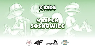 Grafika promocyjna wydarzenia X-KIDS Sosnowiec 2026: zawody i warsztat na deskorolce, rolkach i hulajnodze