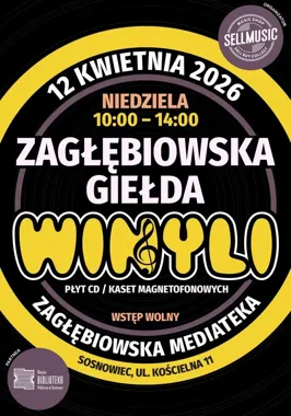 Grafika promocyjna wydarzenia Zagłębiowska Giełda Winyli w Sosnowcu – płyty, kasety i muzyczne perełki