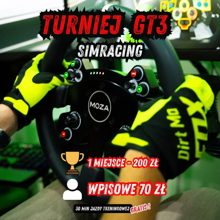 Grafika promocyjna wydarzenia TURNIEJ Simracingowy – RacePoint Sosnowiec: lokalne zawody na profesjonalnych symulatorach