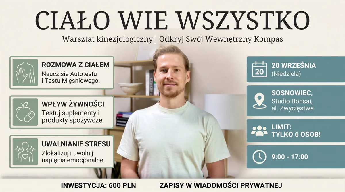 Grafika promocyjna wydarzenia Warsztat kinezjologiczny „Ciało wie wszystko” w Sosnowcu