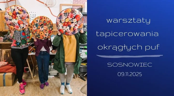 Grafika promocyjna wydarzenia Warsztaty tapicerowania pufy (wersja okrągła) — Meblove Kreacje, Sosnowiec