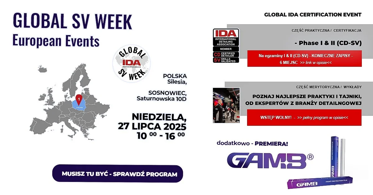 Grafika promocyjna wydarzenia Wydarzenie detailingowe z certyfikacją w Sosnowcu
