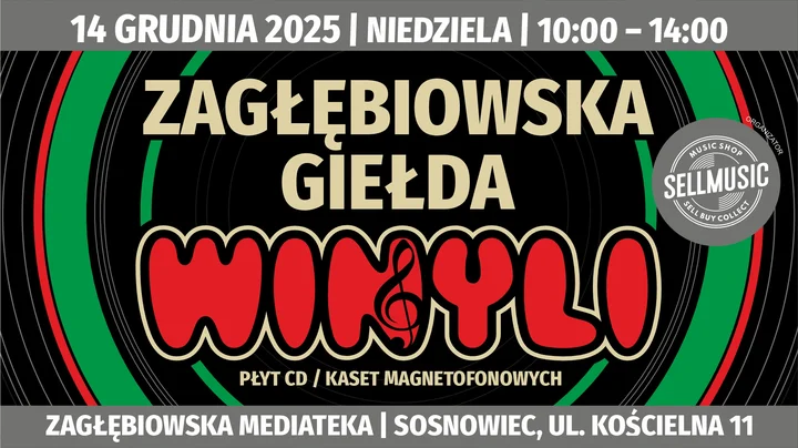 Grafika promocyjna wydarzenia Zagłębiowska Giełda Winyli w Sosnowcu — 14 grudnia 2025