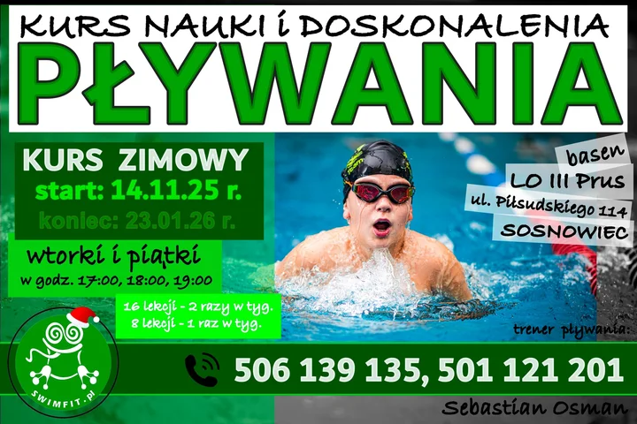 Grafika promocyjna wydarzenia Zimowy kurs nauki i doskonalenia pływania SWIMFIT – PRUS Sosnowiec