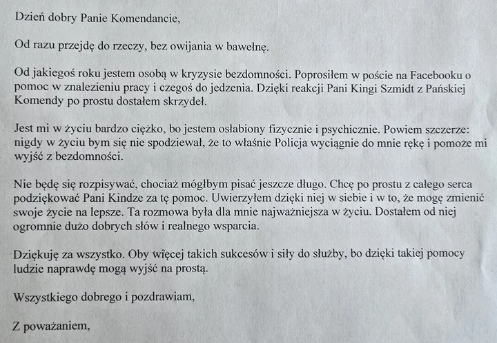 Mężczyzna w kryzysie bezdomności podziękował policjantce z Sosnowca