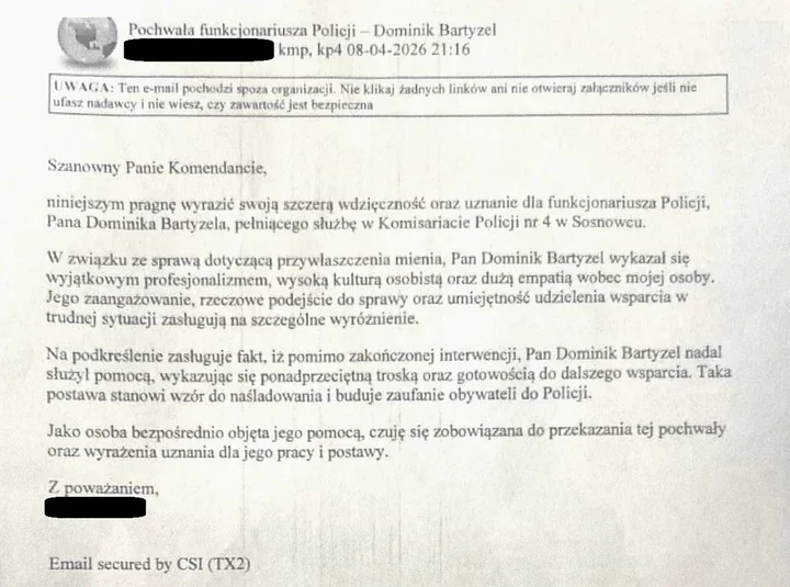 Pokrzywdzona napisała do komendy - policjant z Sosnowca dostał podziękowania