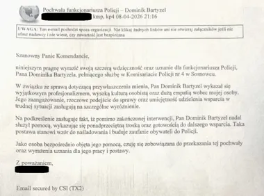 Pokrzywdzona napisała do komendy - policjant z Sosnowca dostał podziękowania